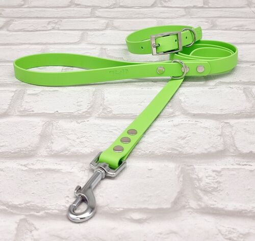 Waterproof BioThane© Dog Collar & Dog Lead Set - Apple Green & Silver
