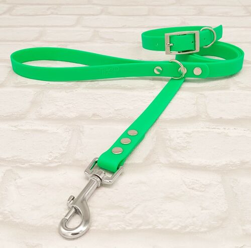 Waterproof BioThane© Dog Collar & Dog Lead Set - Neon Green & Silver