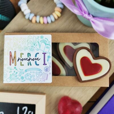 Corazones de chocolate con leche "Merci Nounou" x4 - Colección Rainbow