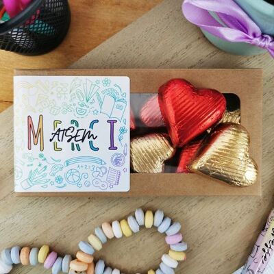 "Merci ATSEM" hearts in milk chocolate and praline dark chocolate - Rainbow collection
