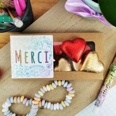 Cuori "Merci" di cioccolato al latte e praline di cioccolato fondente - Collezione Rainbow