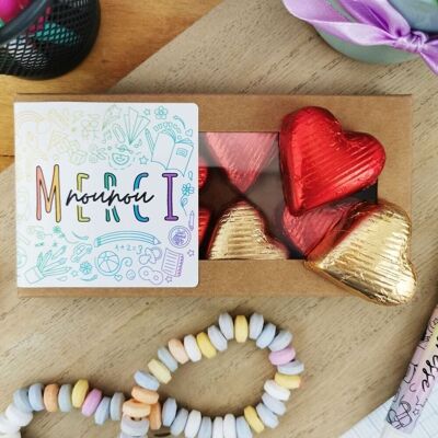„Merci Nounou“-Herzen aus Milchschokolade und Zartbitterschokolade-Praline - Kollektion Rainbow