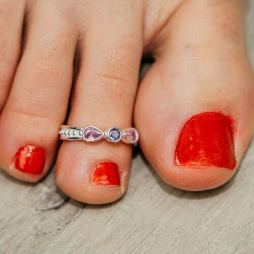 925 Silver Pink Blue Oval Stone Boho Bichiya Toe Dainty Ring