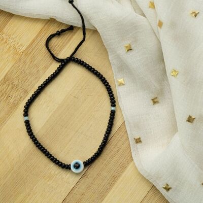 Verstellbare schwarze Perlen Evil Eye Indian Nazar Protection Slim Perlenarmband