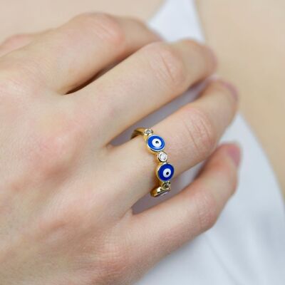 Verstellbarer blau-weißer Evil Eye Protection Slim Stacking Ring