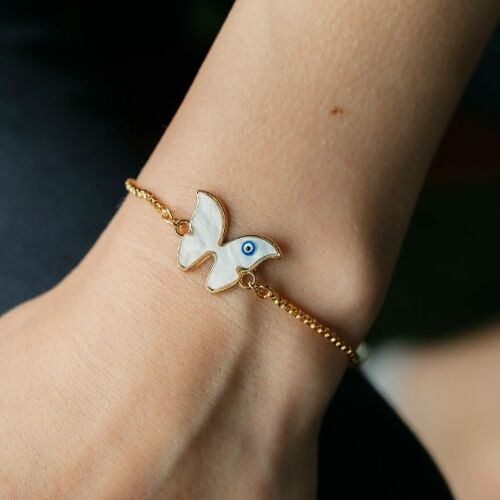 Adjustable Butterfly Evil Eye White Enamel Dainty Charm Protection Bracelet