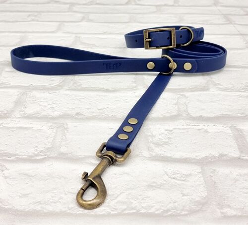 Waterproof BioThane© Dog Collar & Dog Lead Set - Navy & Antique Brass