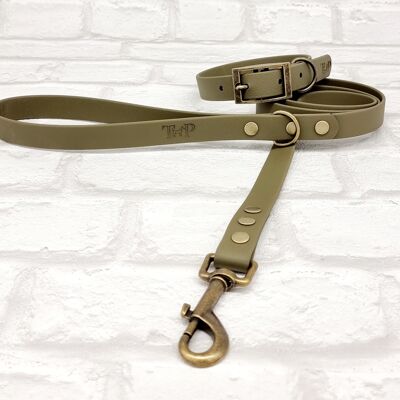 Ensemble Collier et Laisse pour Chien BioThane© Imperméable - Vert Militaire & Laiton Antique