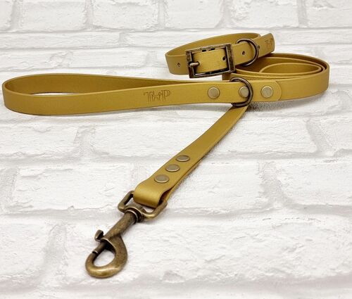 Waterproof BioThane© Dog Collar & Dog Lead Set - Gold & Antique Brass