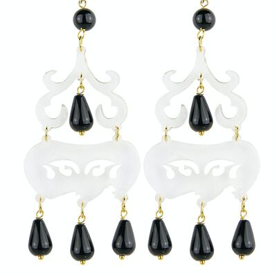 Elegant jewelry perfect for any occasion. Women's Earrings Short Chandelier Transparent Plexiglas and Black Stones. Made in Italy