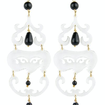 Eleganter Schmuck perfekt für jeden Anlass. Lange Chandelier-Ohrringe für Damen, transparentes Plexiglas, schwarze Steine, hergestellt in Italien