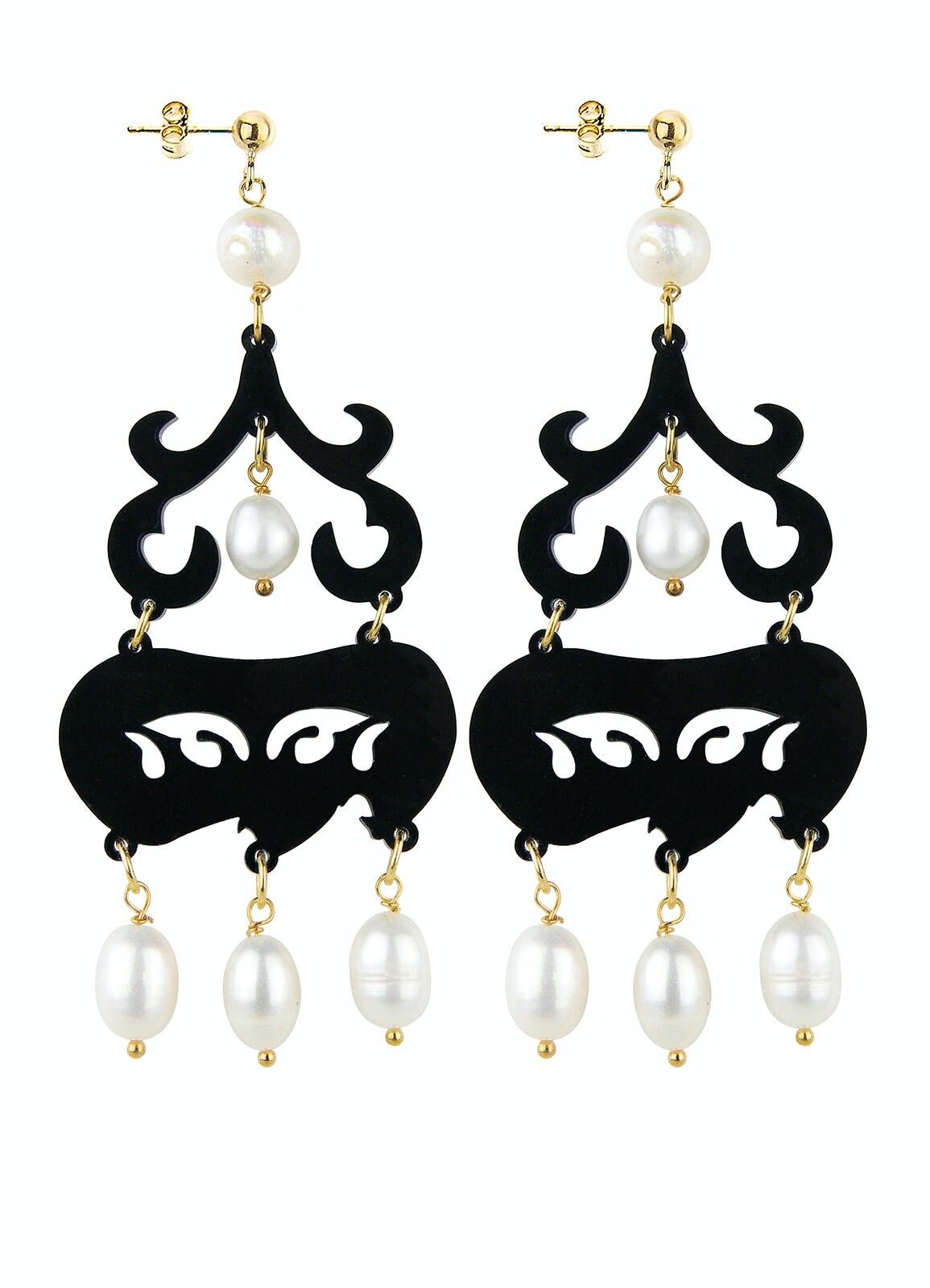 Eleganter Schmuck perfekt für jeden Anlass. Damenohrringe Kurz Kronleuchter Schwarzes Plexiglas und Perlensteine. Hergestellt in Italien