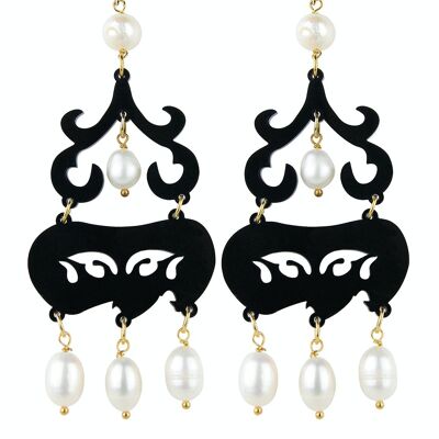 Joyas elegantes perfectas para cualquier ocasión. Pendientes Mujer Cortos Chandelier Plexiglás Negro y Piedras Perladas. Hecho en Italia