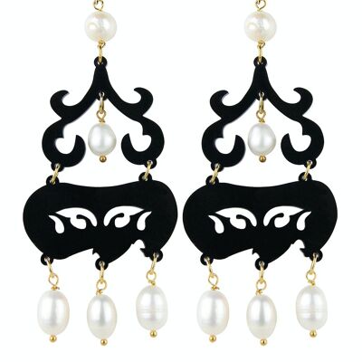 Elegant jewelry perfect for any occasion. Women's Earrings Short Chandelier Black Plexiglas and Pearl Stones. Made in Italy