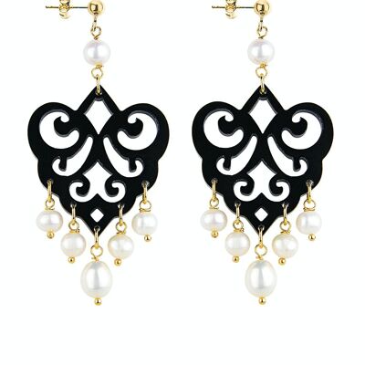 Elegant jewelry perfect for any occasion. Women's Earrings Chandelier Palm Black Plexiglas and Pearl Stones. Made in Italy