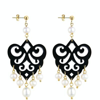 Elegant jewelry perfect for any occasion. Women's Earrings Chandelier Palm Black Plexiglas and Pearl Stones. Made in Italy