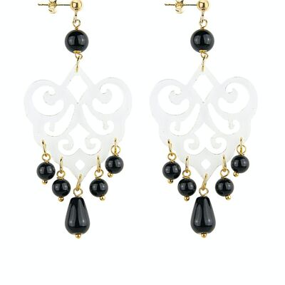 Elegant jewelry perfect for any occasion. Woman Chandelier Earrings Transparent Plexiglas Palm and Black Stones. Made in Italy