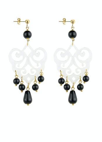 Bijoux élégants parfaits pour toutes les occasions. Boucles d'Oreilles Lustre Femme Plexiglas Transparent Paume et Pierres Noires Fabriqué en Italie