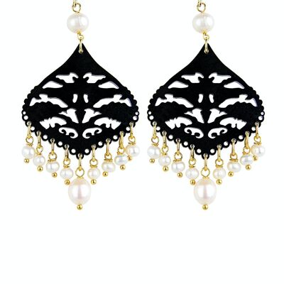 Elegant jewelry perfect for any occasion. Women's Earrings Chandelier Drop Black Plexiglas and Pearl Stones. Made in Italy