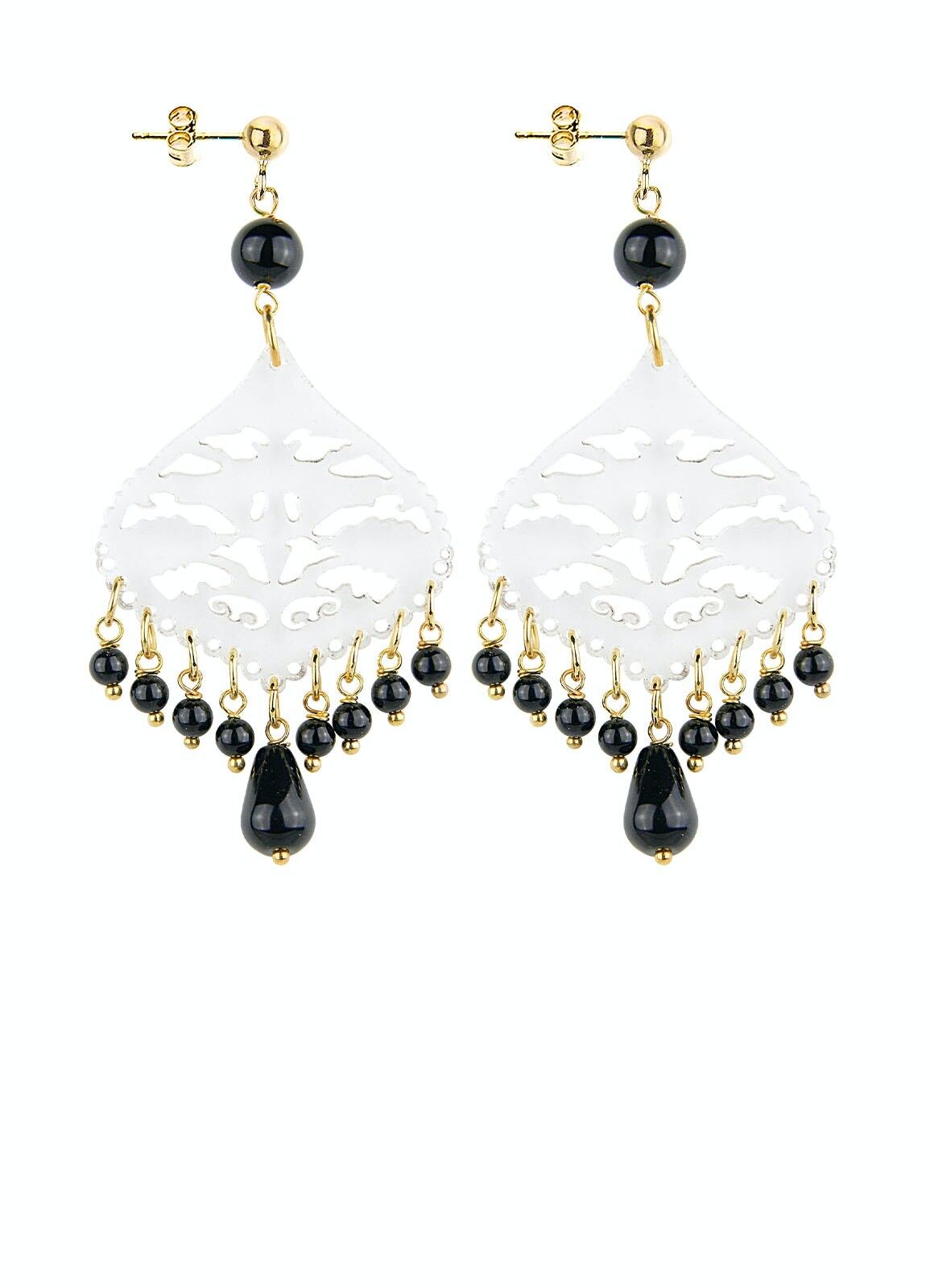 Gioielli eleganti perfetti per ogni occasione. Orecchini Donna Chandelier Goccia Plexiglas Trasparente e Pietre Nero. Made in Italy