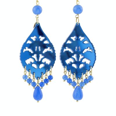 Farbiger Plexiglasschmuck ideal für den Sommer. Damen Chandelier Lange Ohrringe Hellblau Spiegel Plexiglas und Seide. Hergestellt in Italien