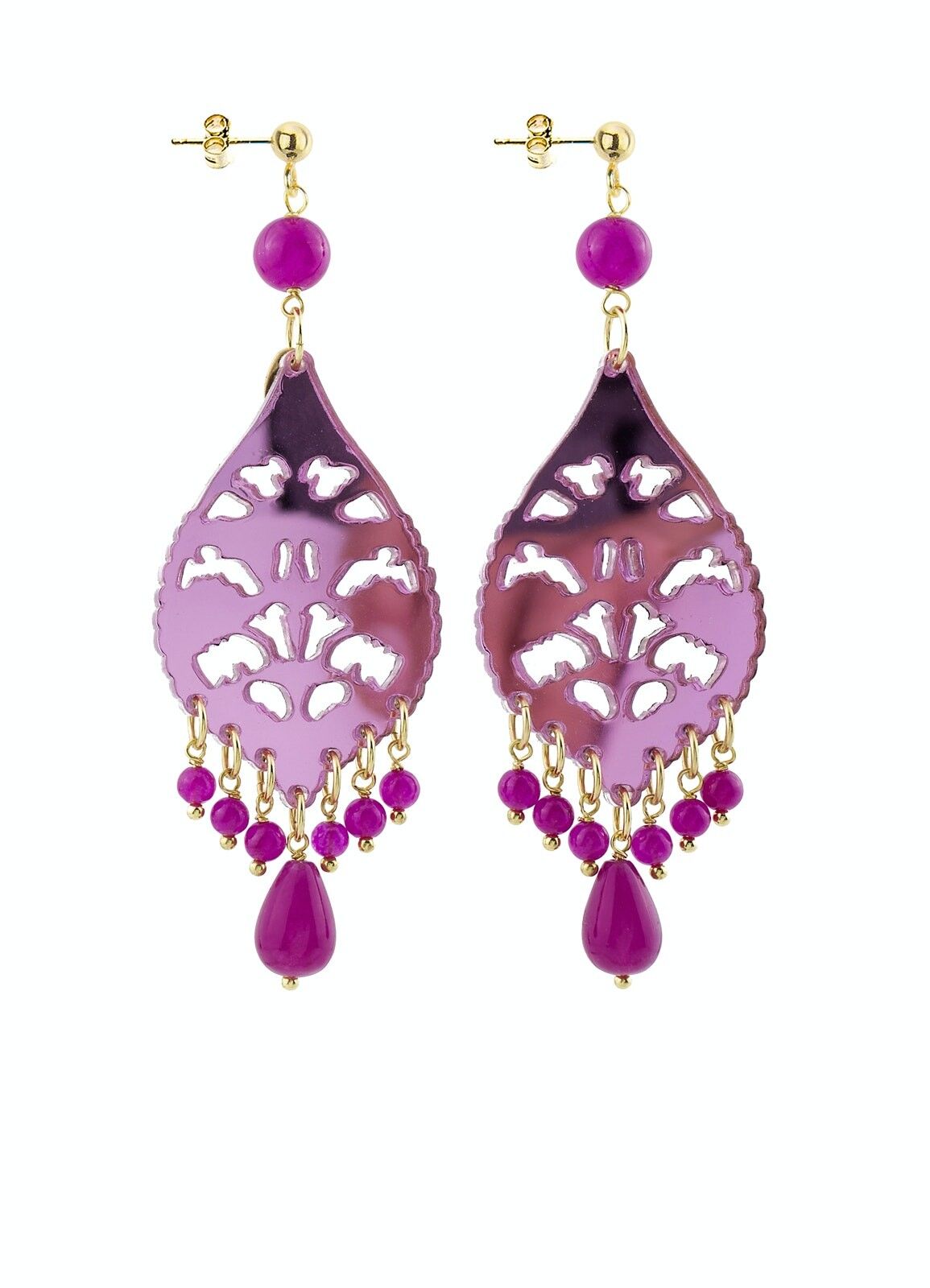 Bijoux en plexiglas coloré idéal pour l'été. Boucles d'Oreilles Femme Lustre Longue Goutte Plexiglas Miroir Fuchsia et Soie. Fabriqué en Italie
