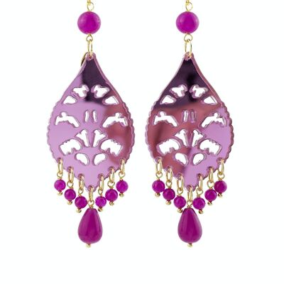 Colored Plexiglas jewels ideal for the summer. Women's Earrings Chandelier Long Drop Plexiglas Mirror Fuchsia and Silk. Made in Italy
