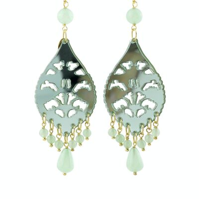 Colored Plexiglas jewels ideal for the summer. Woman Earrings Chandelier Long Drop Plexiglas Mirror Green Jade and Silk. Made in Italy