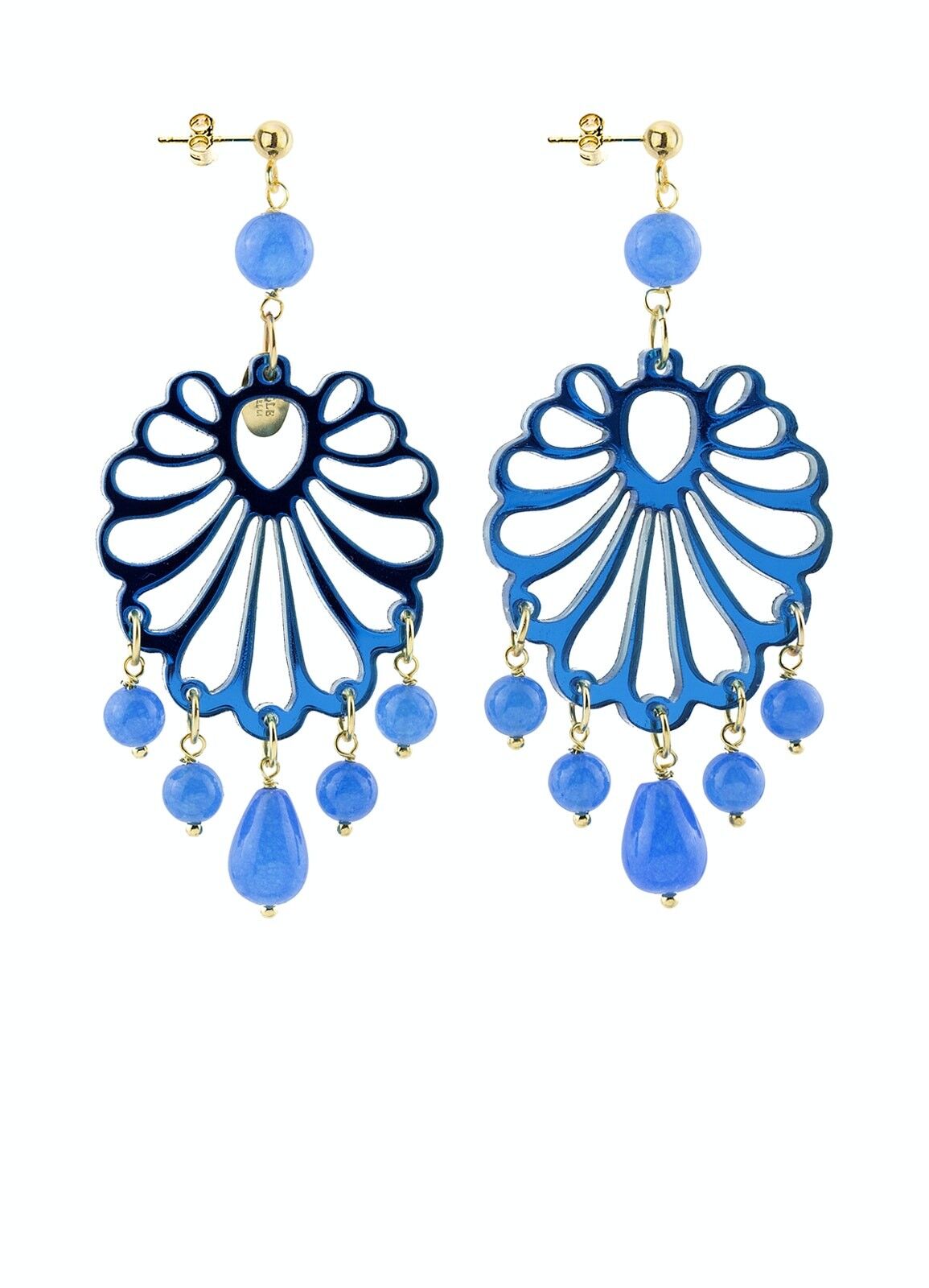 Farbiger Plexiglasschmuck ideal für den Sommer. Damenohrringe Chandelier Shell Plexiglas Blue Mirror und Seide. Hergestellt in Italien