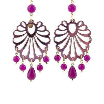 Joyas de plexiglás de colores ideales para el verano. Pendientes Mujer Chandelier Concha Plexiglás Espejo Fucsia y Seda. Hecho en Italia