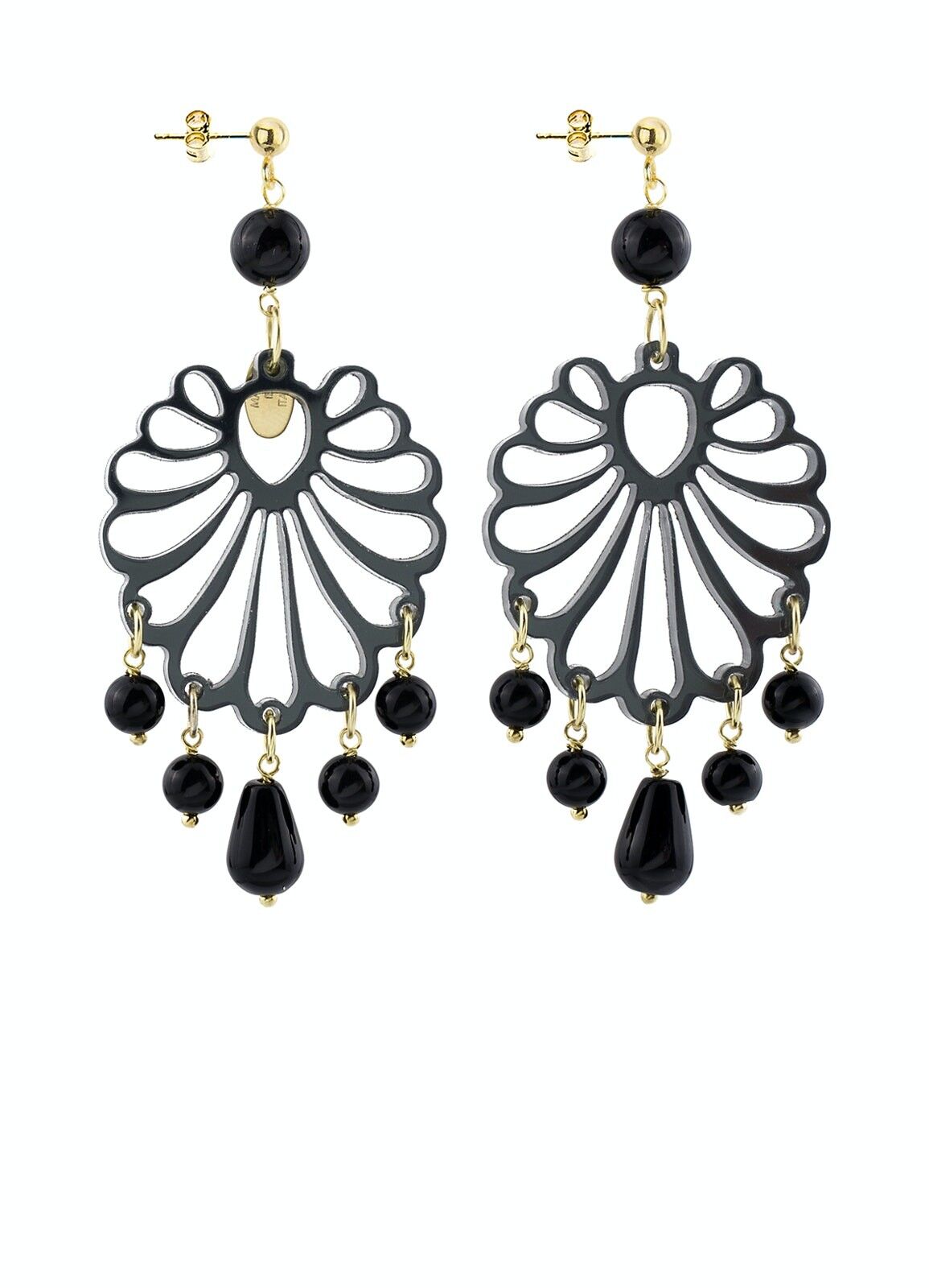 Farbiger Plexiglasschmuck ideal für den Sommer. Damenohrringe Kronleuchter Muschel Plexiglas Spiegel Grau und Seide. Hergestellt in Italien