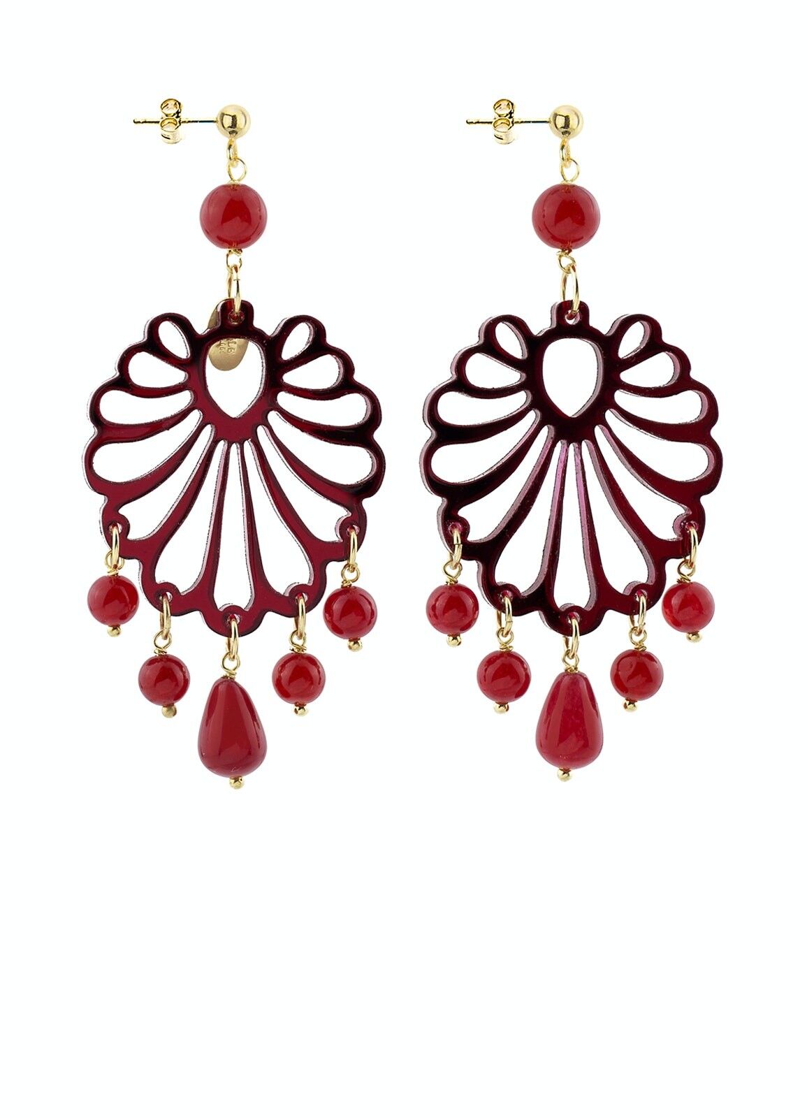 Farbiger Plexiglasschmuck ideal für den Sommer. Damenohrringe Chandelier Shell Plexiglas Red Mirror und Seide. Hergestellt in Italien