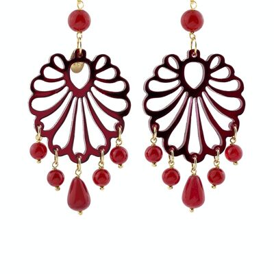 Colored Plexiglas jewels ideal for the summer. Women's Earrings Chandelier Shell Plexiglas Red Mirror and Silk. Made in Italy