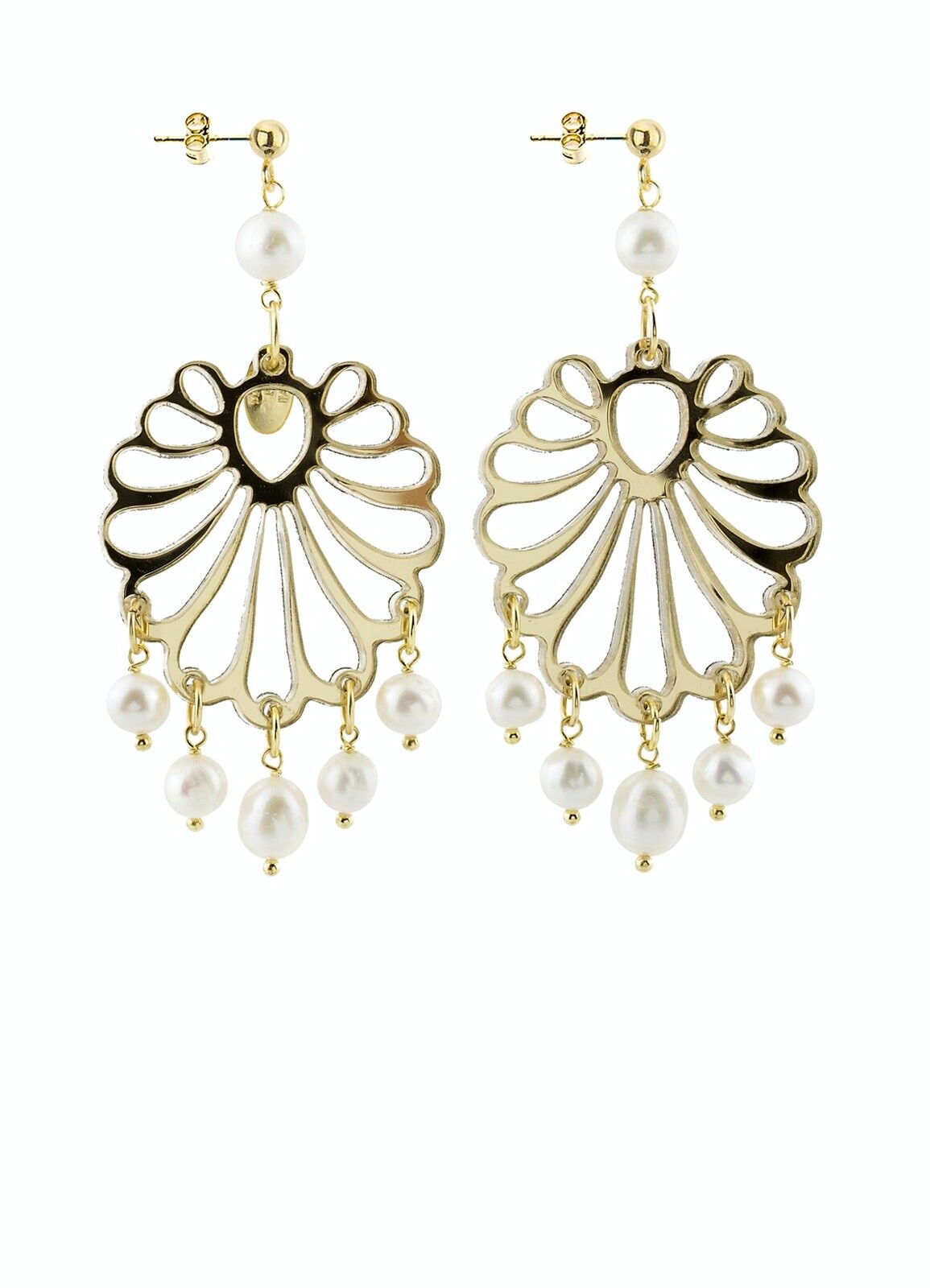 Farbiger Plexiglasschmuck ideal für den Sommer. Damenohrringe Kronleuchter Muschel Plexiglas Spiegel Gold und Seide. Hergestellt in Italien