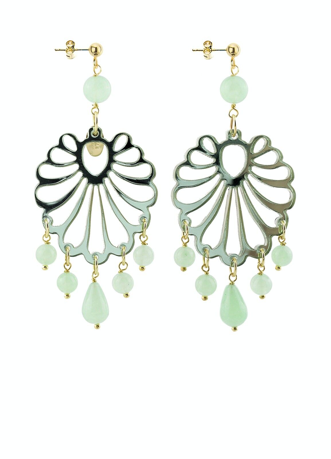 Farbiger Plexiglasschmuck ideal für den Sommer. Frau Ohrringe Kronleuchter Shell Plexiglas Spiegel Grüne Jade und Seide. Hergestellt in Italien