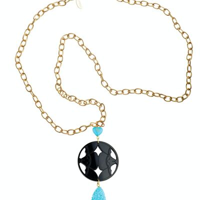 Elegant jewelry perfect for any occasion. Kamon Women's Necklace Double Flower Black Plexiglas and Turquoise Stones Made in Italy