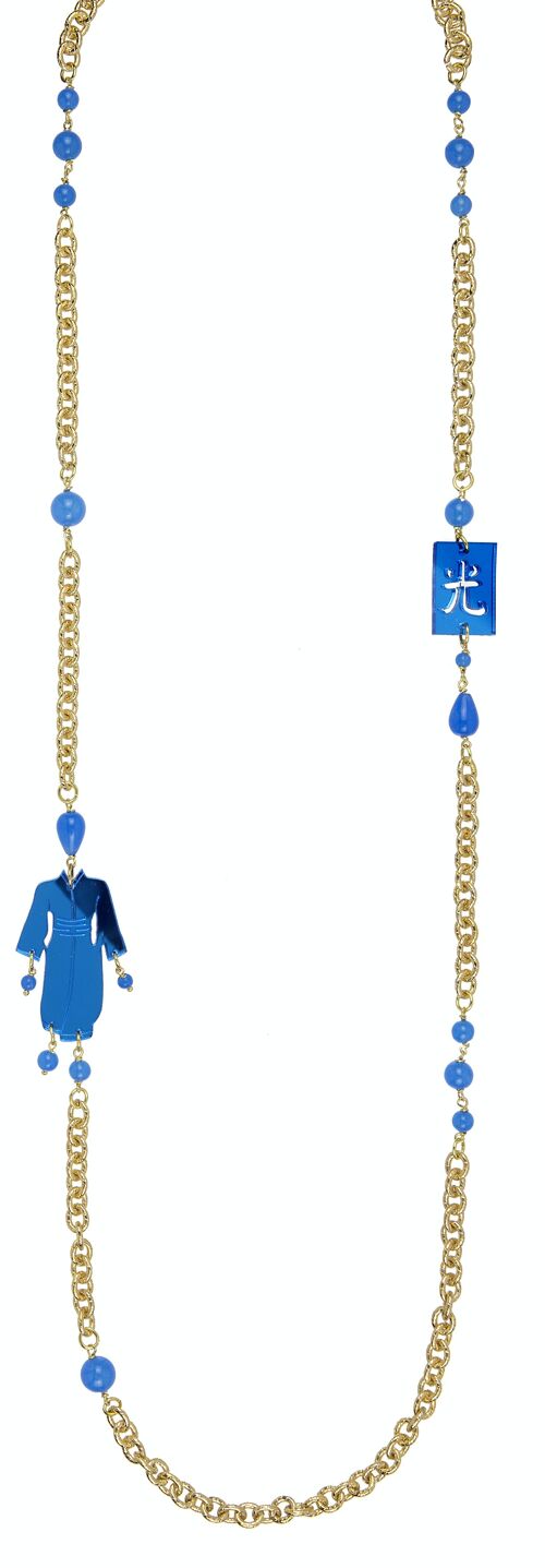 Gioielli in plexiglas colorato ideali per l'estate. Collana Donna Kimono Piccolo Plexiglas Specchio Azzurro e Seta. Made in Italy