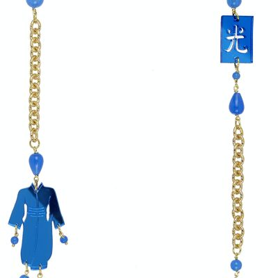 Farbiger Plexiglasschmuck ideal für den Sommer. Kimono-Halskette für Damen, klein, hellblauer Spiegel, Plexiglas und Seide. Hergestellt in Italien