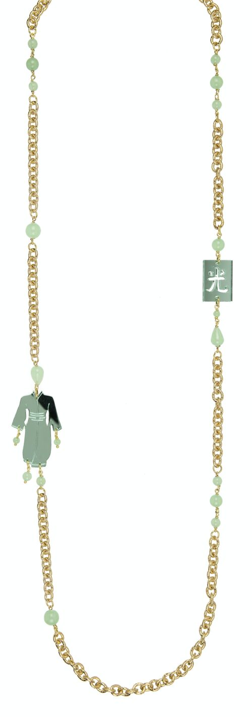 Gioielli in plexiglas colorato ideali per l'estate. Collana Donna Kimono Piccolo Plexiglas Specchio Verde Giada e Seta. Made in Italy