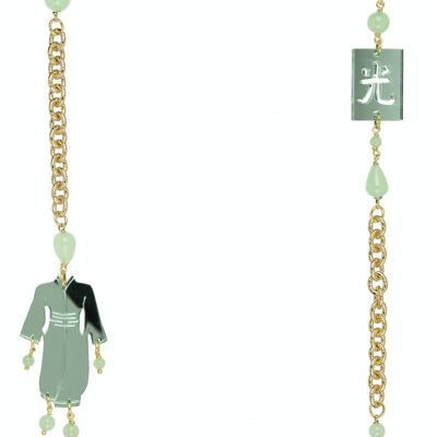 Farbiger Plexiglasschmuck ideal für den Sommer. Damen-Kimono-Halskette Kleiner Plexiglas-Spiegel Grüne Jade und Seide. Hergestellt in Italien