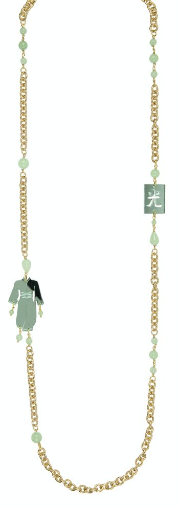 Bijoux en plexiglas coloré idéal pour l'été. Collier Kimono Femme Petit Miroir Plexiglas Vert Jade et Soie. Fabriqué en Italie