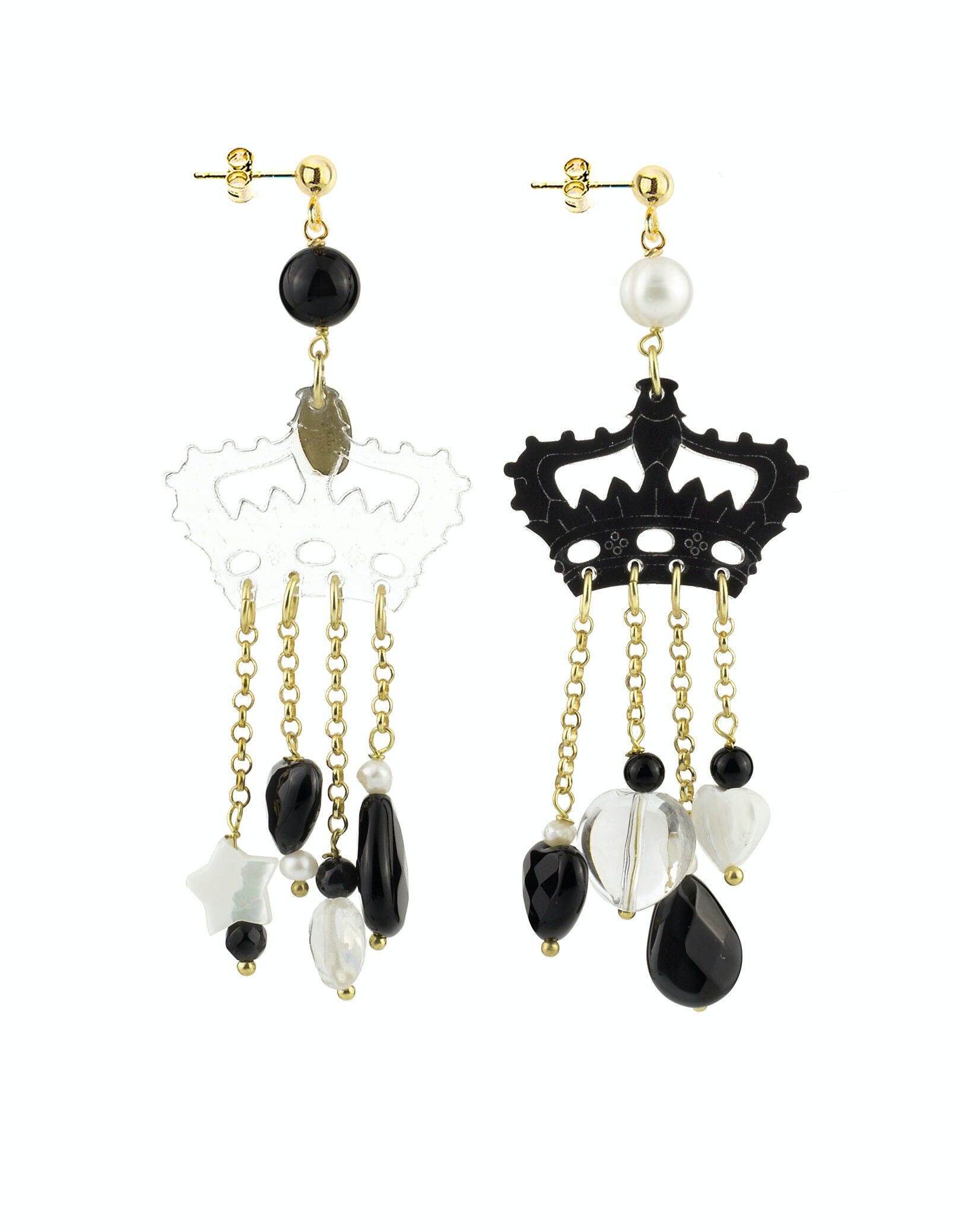 Eleganter Schmuck perfekt für jeden Anlass. Kaguya Damenohrringe Krone aus schwarzem und transparentem Plexiglas. Hergestellt in Italien