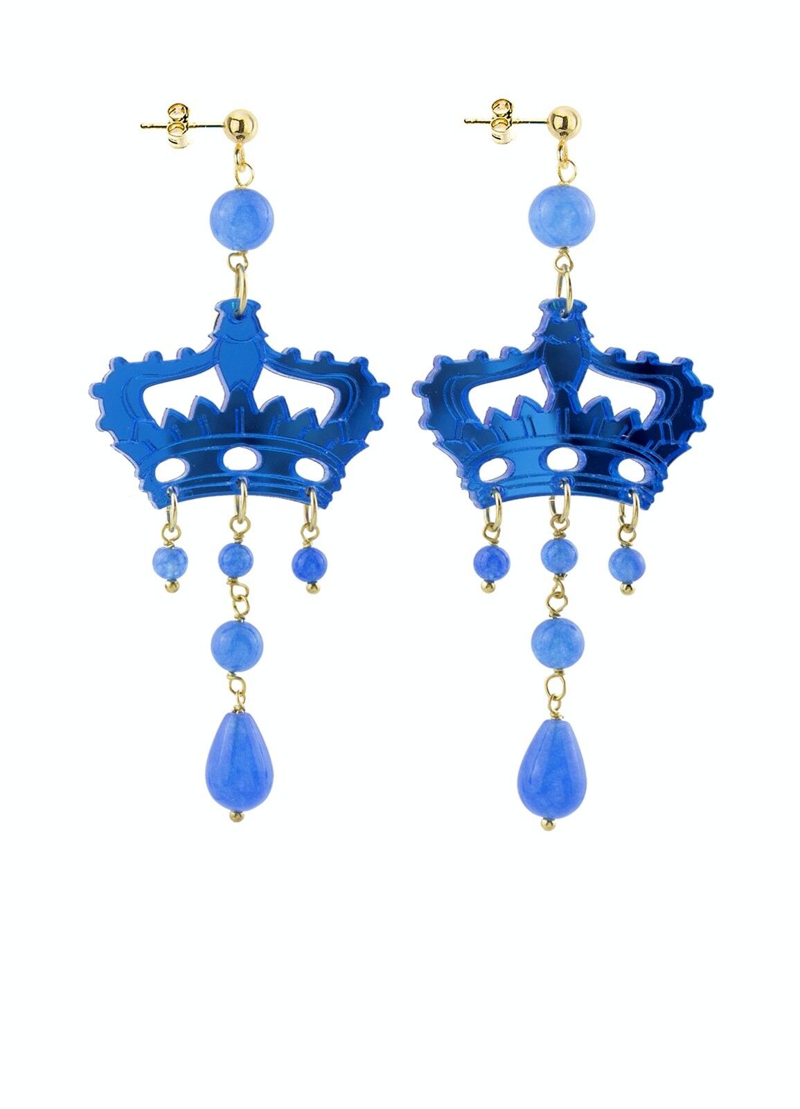Bijoux en plexiglas coloré idéal pour l'été. Boucles d'Oreilles Femme Kaguya Couronne Plexiglas Miroir Bleu et Soie. Fabriqué en Italie