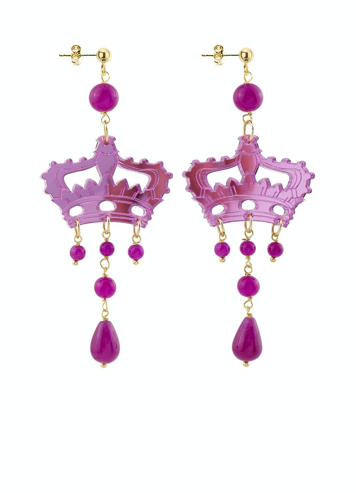 Bijoux en plexiglas coloré idéal pour l'été. Boucles d'Oreilles Femme Kaguya Couronne Plexiglas Miroir Fuchsia et Soie. Fabriqué en Italie