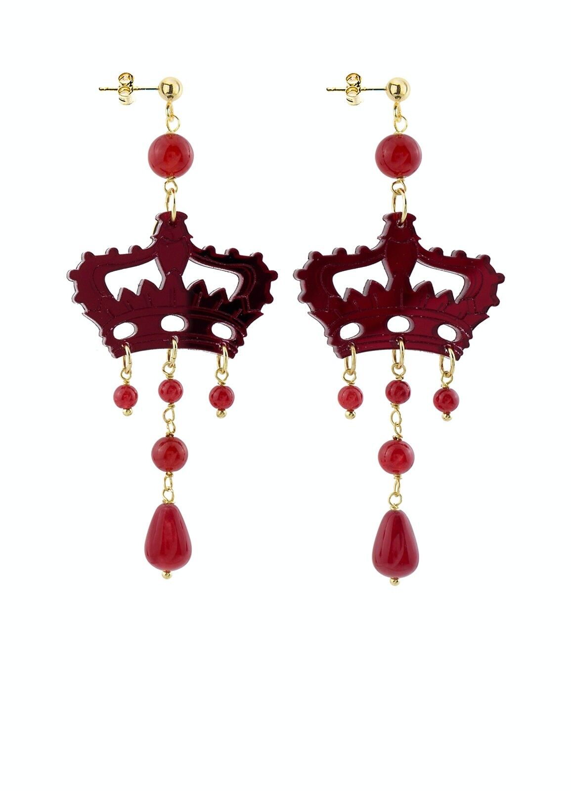 Bijoux en plexiglas coloré idéal pour l'été. Boucles d'Oreilles Femme Kaguya Couronne Plexiglas Miroir Rouge et Soie. Fabriqué en Italie