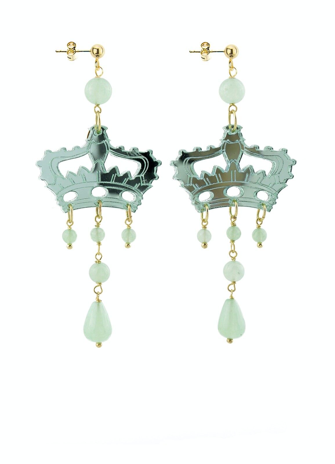 Bijoux en plexiglas coloré idéal pour l'été. Boucles d'Oreilles Femme Kaguya Couronne Plexiglas Miroir Vert Jade et Soie. Fabriqué en Italie