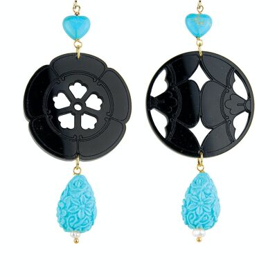 Elegant jewelry perfect for any occasion. Kamon Fiore Women's Earrings Black Plexiglas and Turquoise Stones Made in Italy