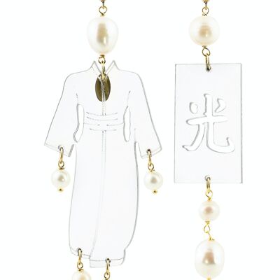 Eleganter Schmuck perfekt für jeden Anlass. Kimono-Ohrringe für Damen Großes transparentes Plexiglas und Perlensteine Made in Italy