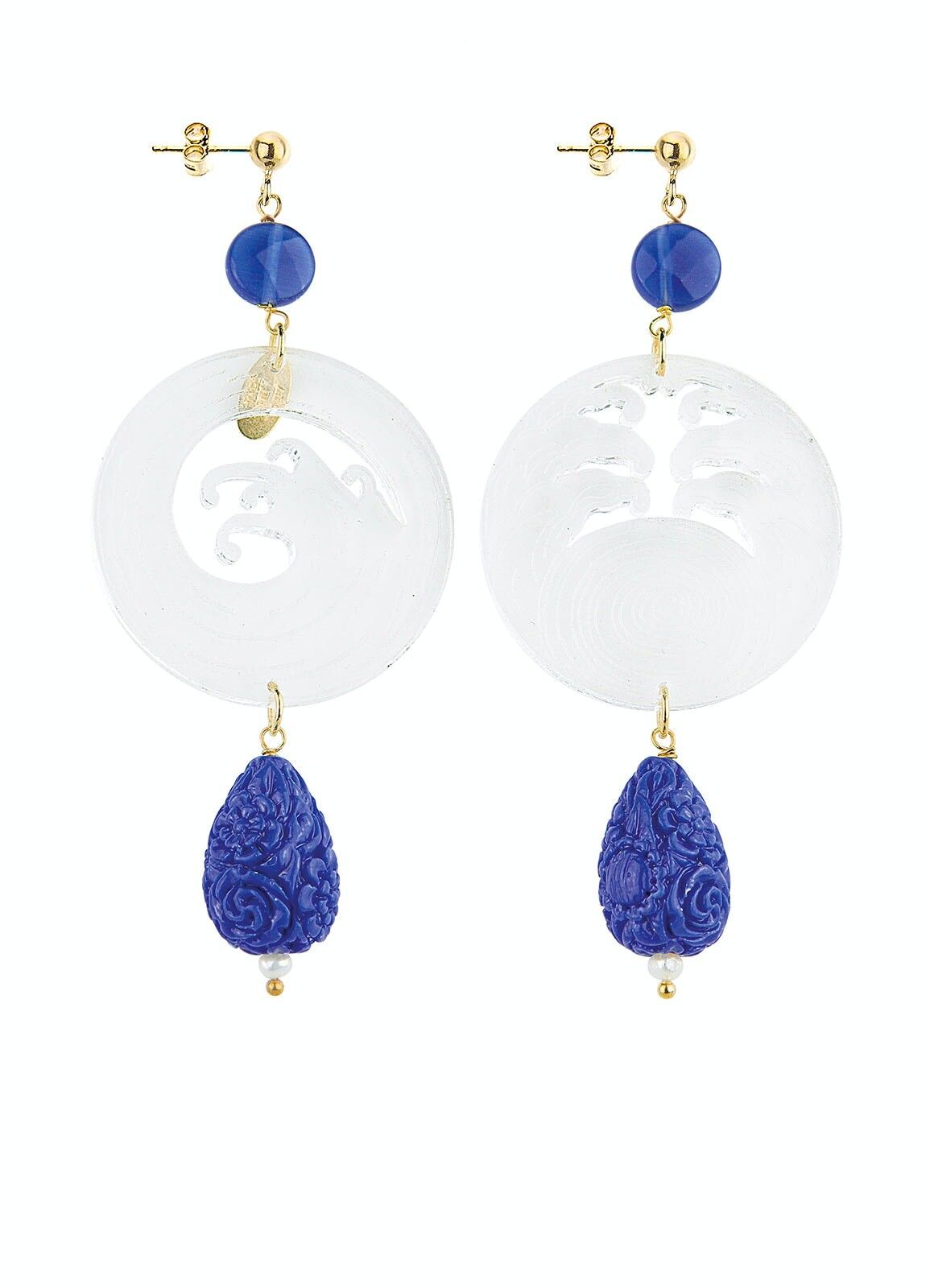 Gioielli eleganti perfetti per ogni occasione. Orecchini Donna Kamon Onda Plexiglas Trasparente e Pietre Blu Made in Italy