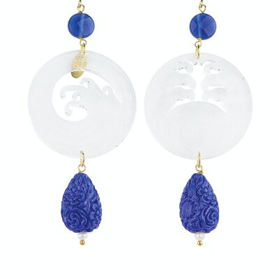 Joyas elegantes perfectas para cualquier ocasión. Pendientes Mujer Kamon Onda Plexiglás Transparente y Piedras Azules Made in Italy